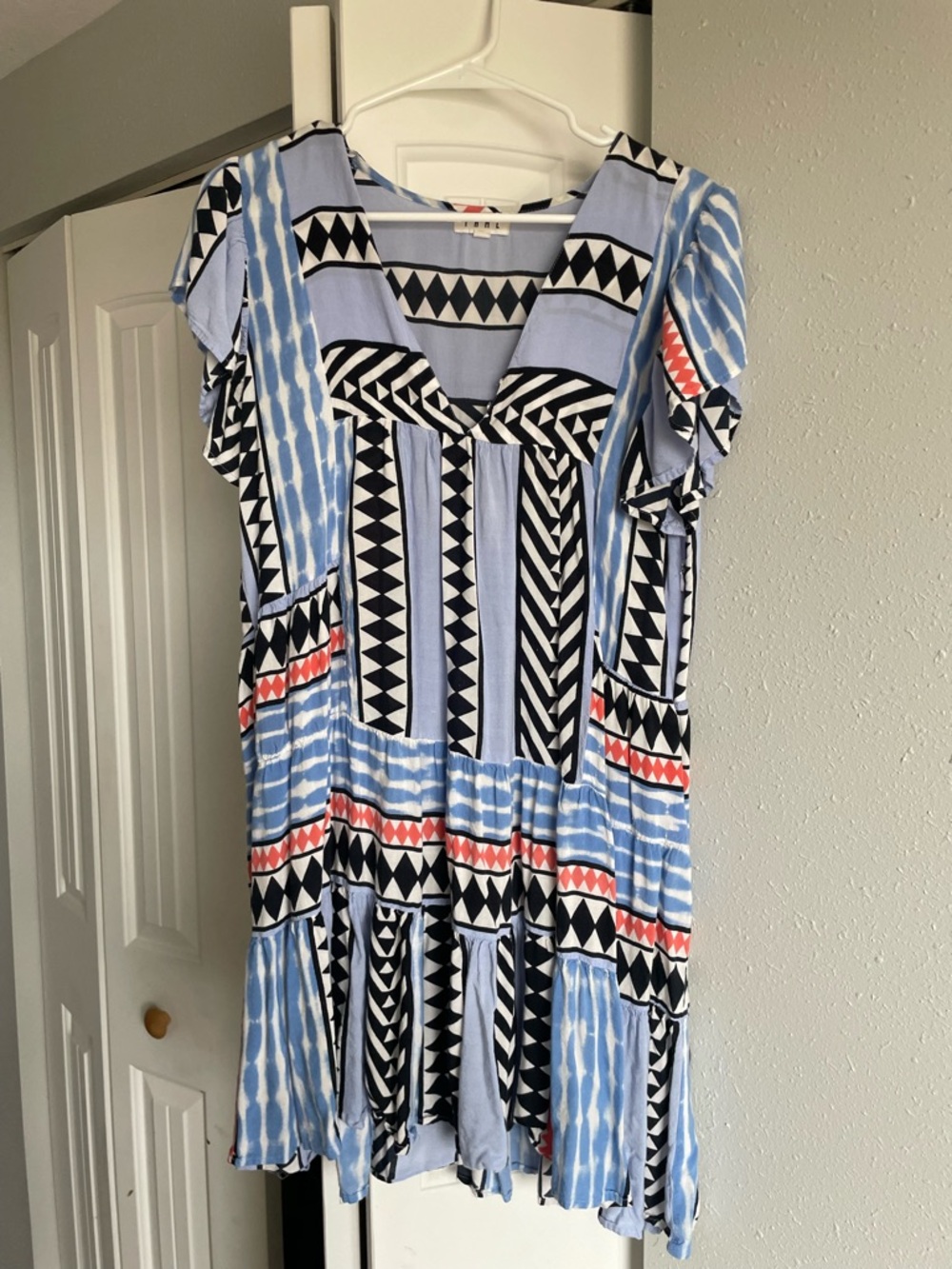 Anthropologie Light Blue Geo-Print V-Neck Mini Dress with Coral Accents